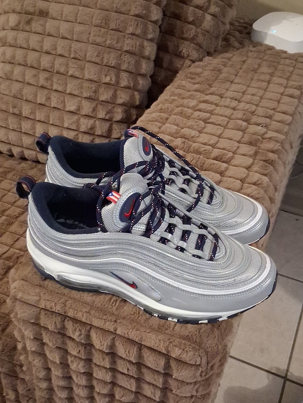 Nike Men’s Silver and Navy Air Max 97 Sneakers with Red Accents